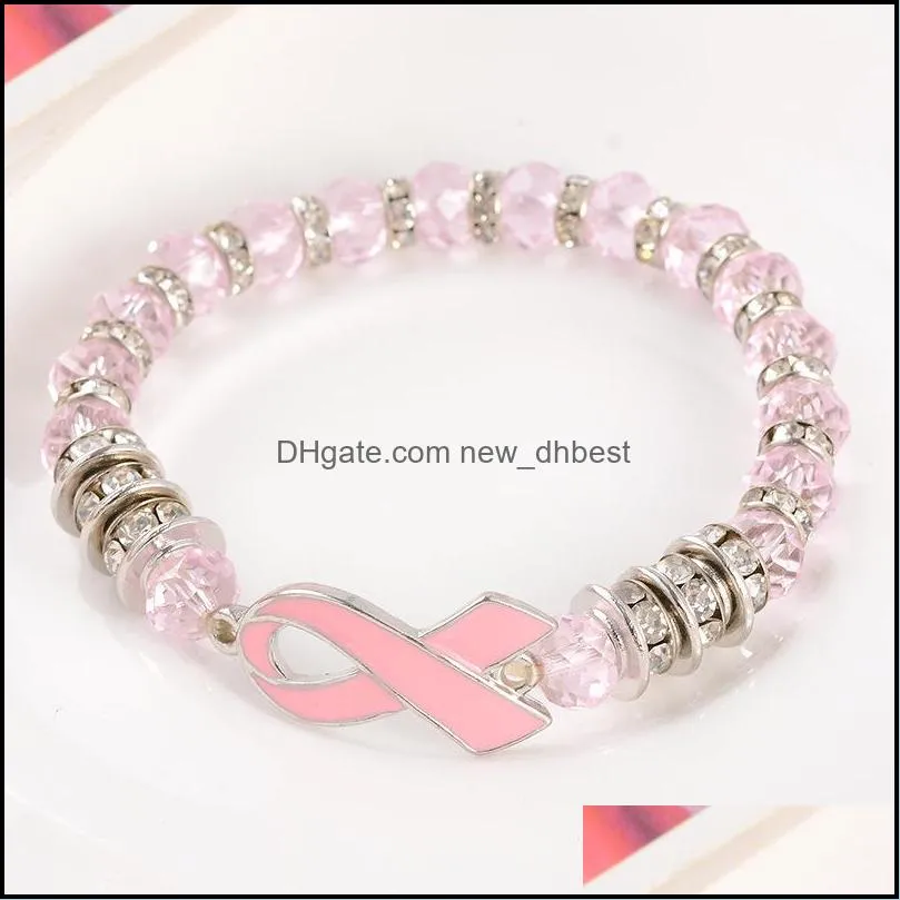  arrival breast cancer awareness bracelets women pink ribbon breast cancer bangle glass beads chains for ladies fashion diy jewelry