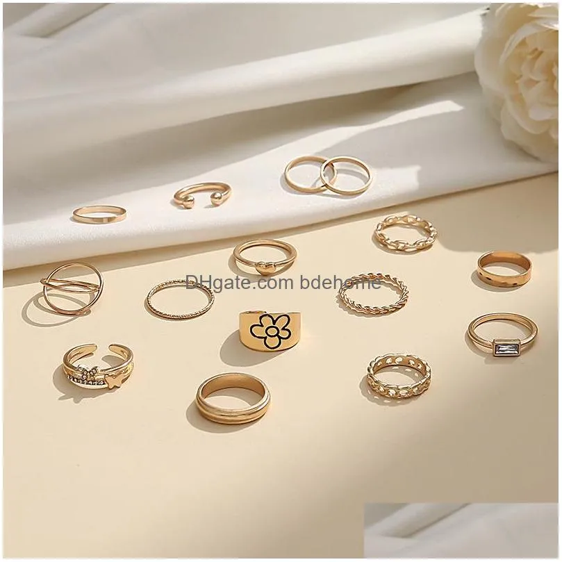 fashion jewelry knuckle ring set gold butterfly flower chain crossed geometric stacking rings midi rings sets 15pcs/set