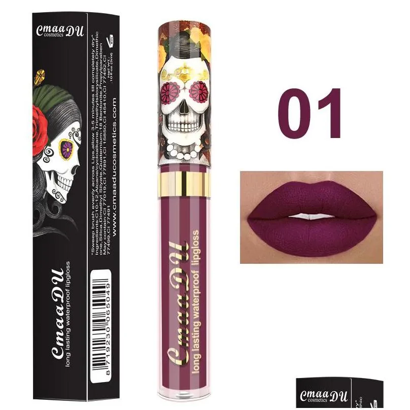 cmaadu waterproof long last lip gloss vampire style matte metal pearlescent skull design natural nutritious makeup lipgloss wholesale