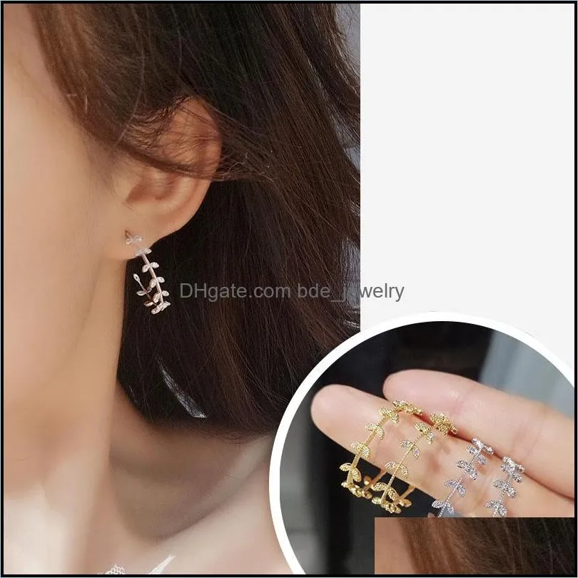 fashion shinning zircon leaves earrings fashion semicircular stud earrings tiny leaf hoop earrings for women girls party jewelry