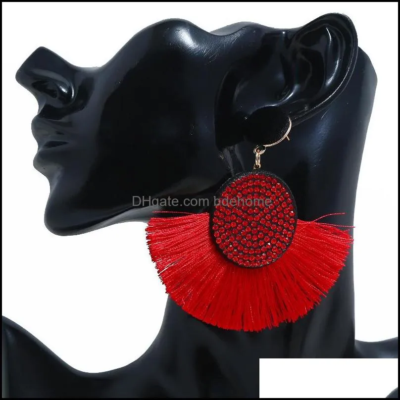 bohemian tassel earrings vintage statement crystal drop earrings for women black red yellow big fan shape dangle fringe earrings 2019