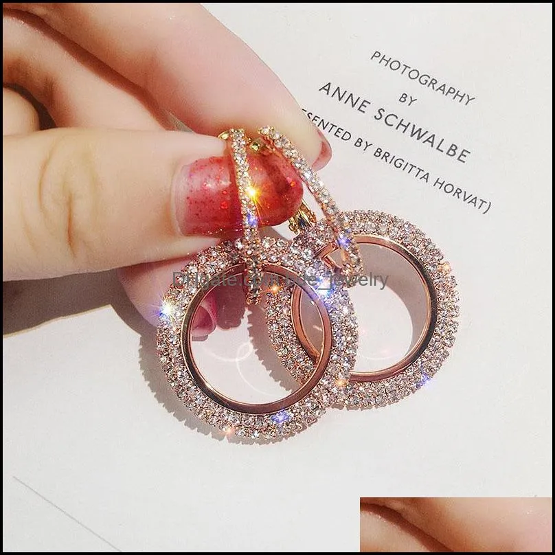 high fashion round geometric rhinestone shiny dangle earrings for women handmade gold copper hoop earring with steel pin jewelry gift