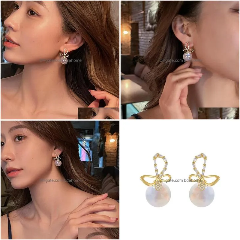 fashion jewelry s925 silver post earrings for women zircon butterfly faux pearl stud earrings