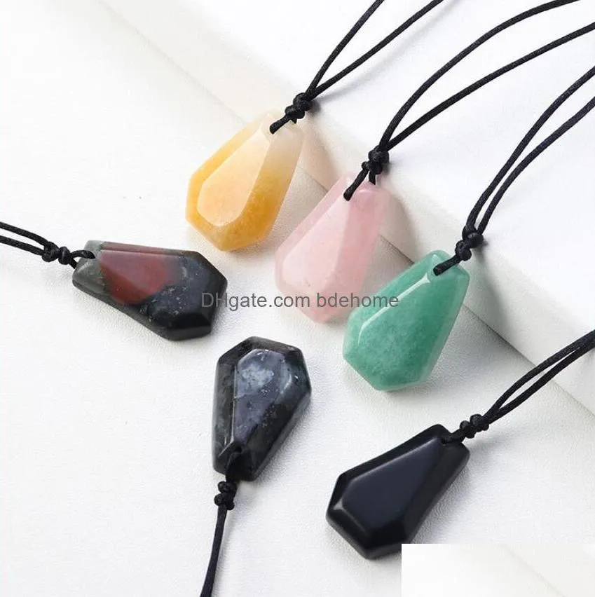 natural healing stone coffin shape crystal pendant energy obsidian rose quartz carved necklace diy jewelry crafts gift