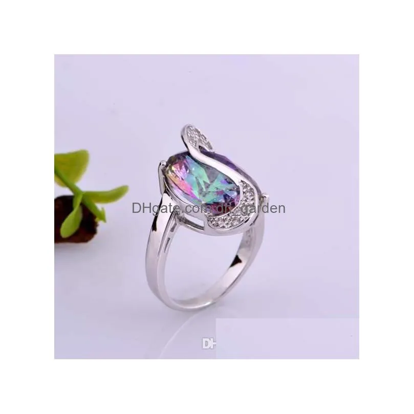 2018 jewelry cut heart shaped mystic rainbow topaz cubic zirconia platinum plated rings size 6 7 8 9 r0175