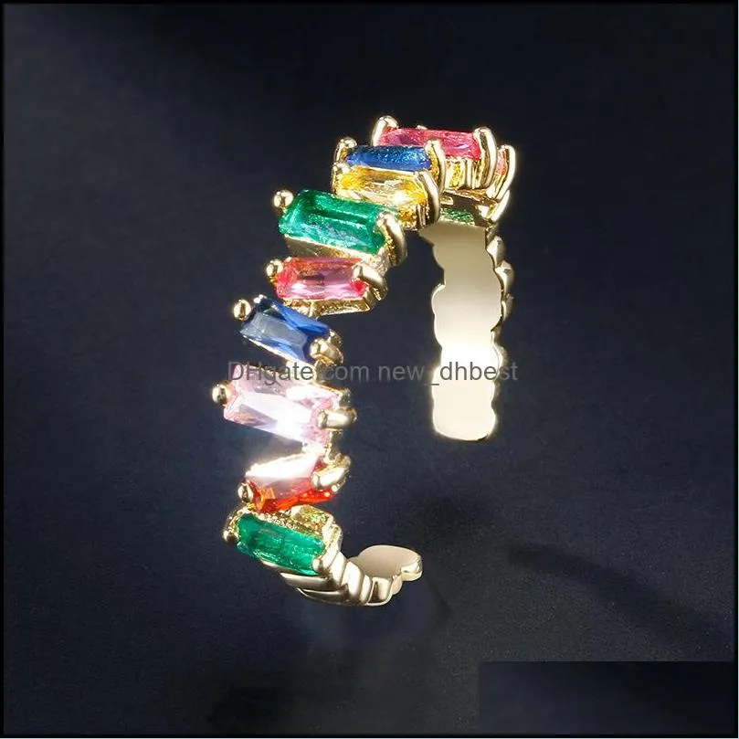 adjustable irregular square rainbow rings fashion zircon cz wedding ring silver unique open cuff women finger rings dancing party