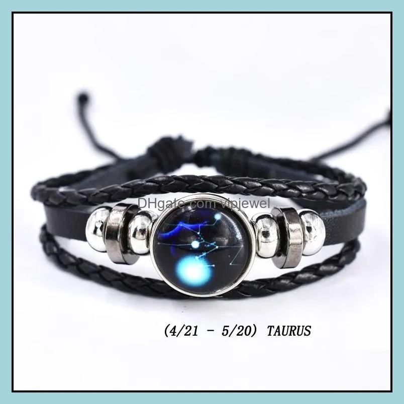 luminous 12 constellation bracelet mens bracelets fashion leather bangles couple jewelry for woman man gifts