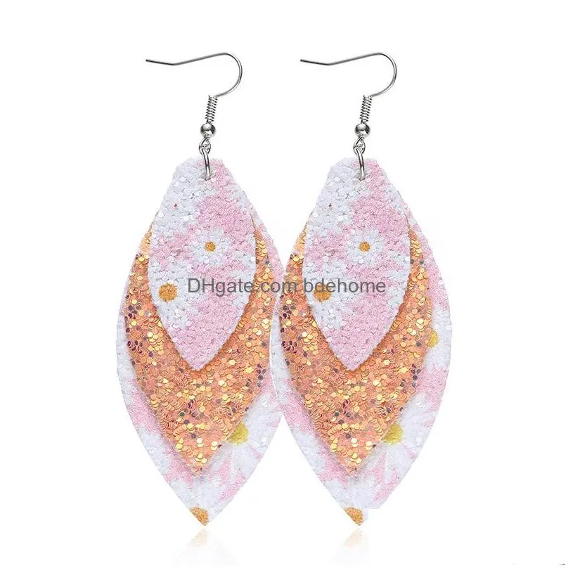 fashion jewelry multilayer sequined pu leather earrings daisy print faux leather dangle earrings