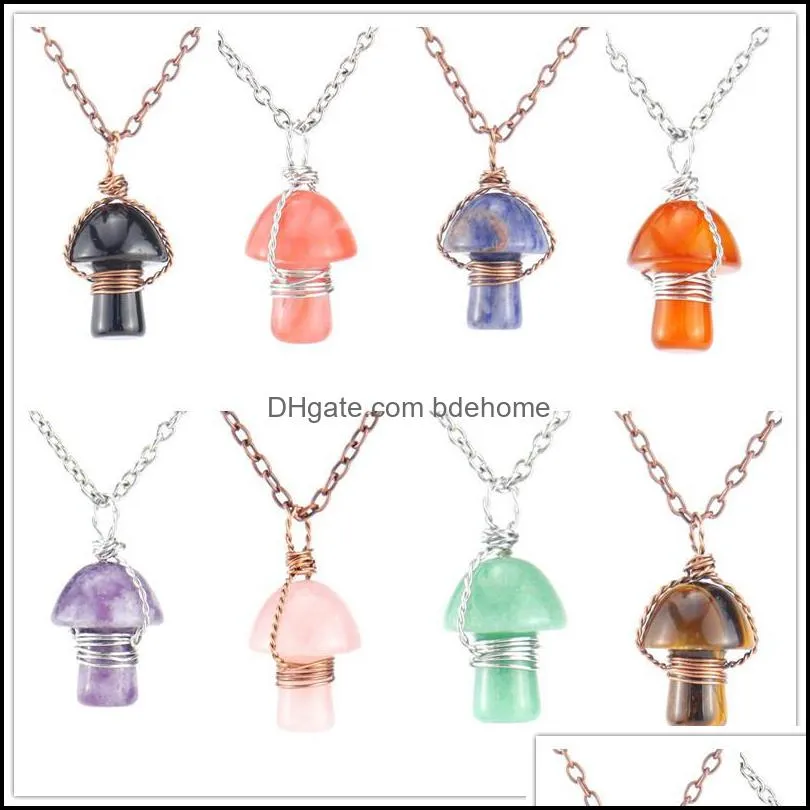 silver bronze wire wrap carving mushroom pendant reiki healing crystal tiger eye rose quartz opal aventurines necklace for women