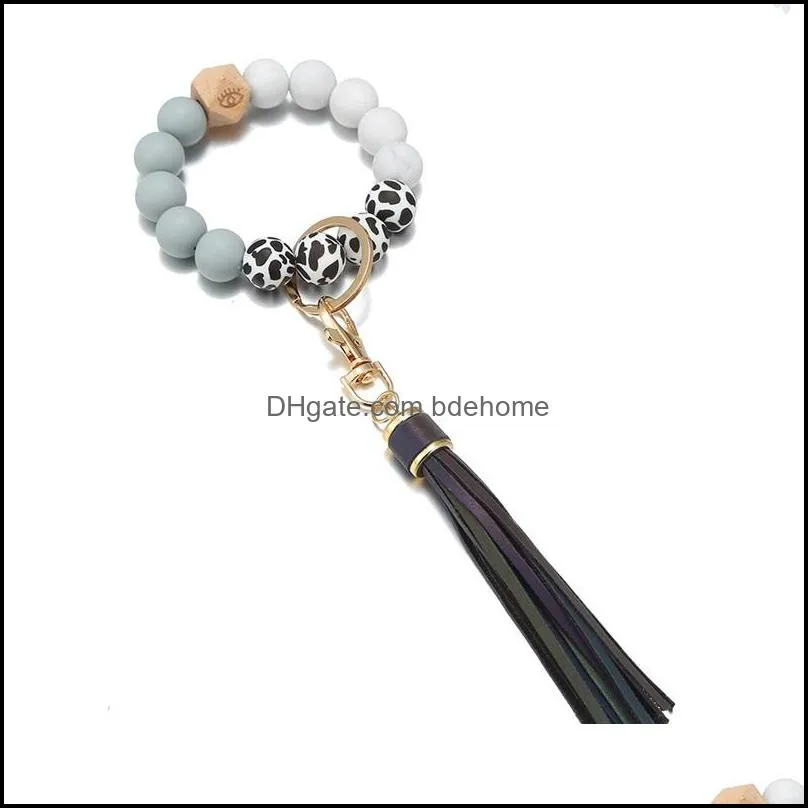 party favor silicone bead bracelet key ring anti loss wood women tassel keys chain 9 style 2250 t2