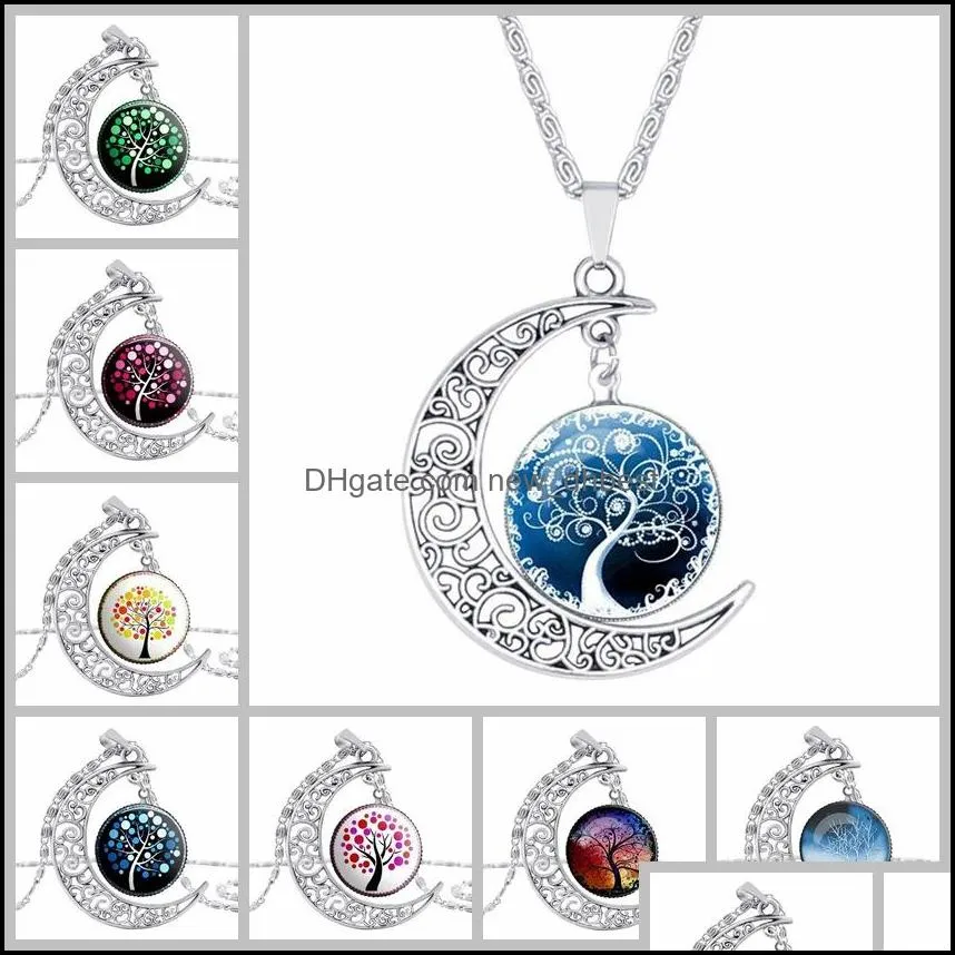 64 styles silver moonstone necklace owl flower tree of life cabochon glass charms moon and star pendant necklaces for women fashion