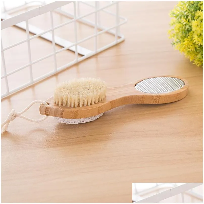 foot brush pumice stone rasp file exfoliating stone bamboo handle pedicure tool 4 in 1 multifunctional foot scrub