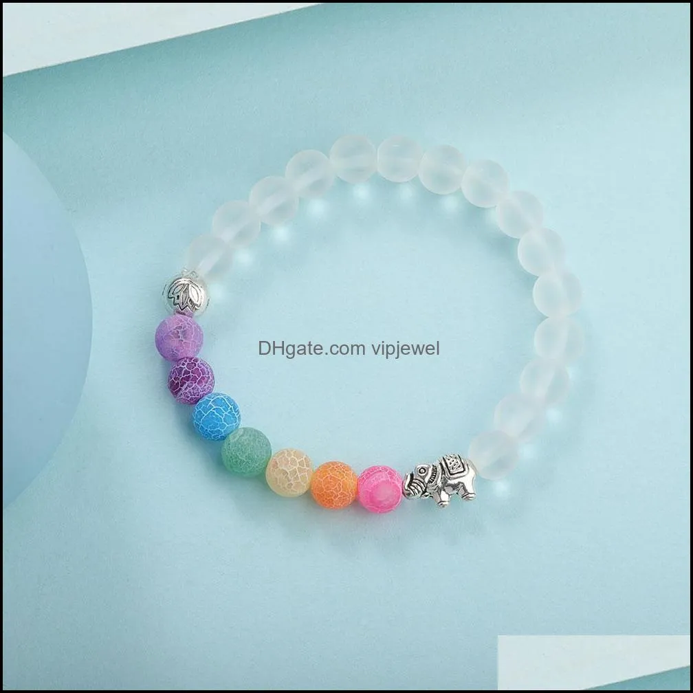  7 colorful wind fossils chakra natural stone beads yoga bracelet alloy metal silver plated elephant bracelet for women