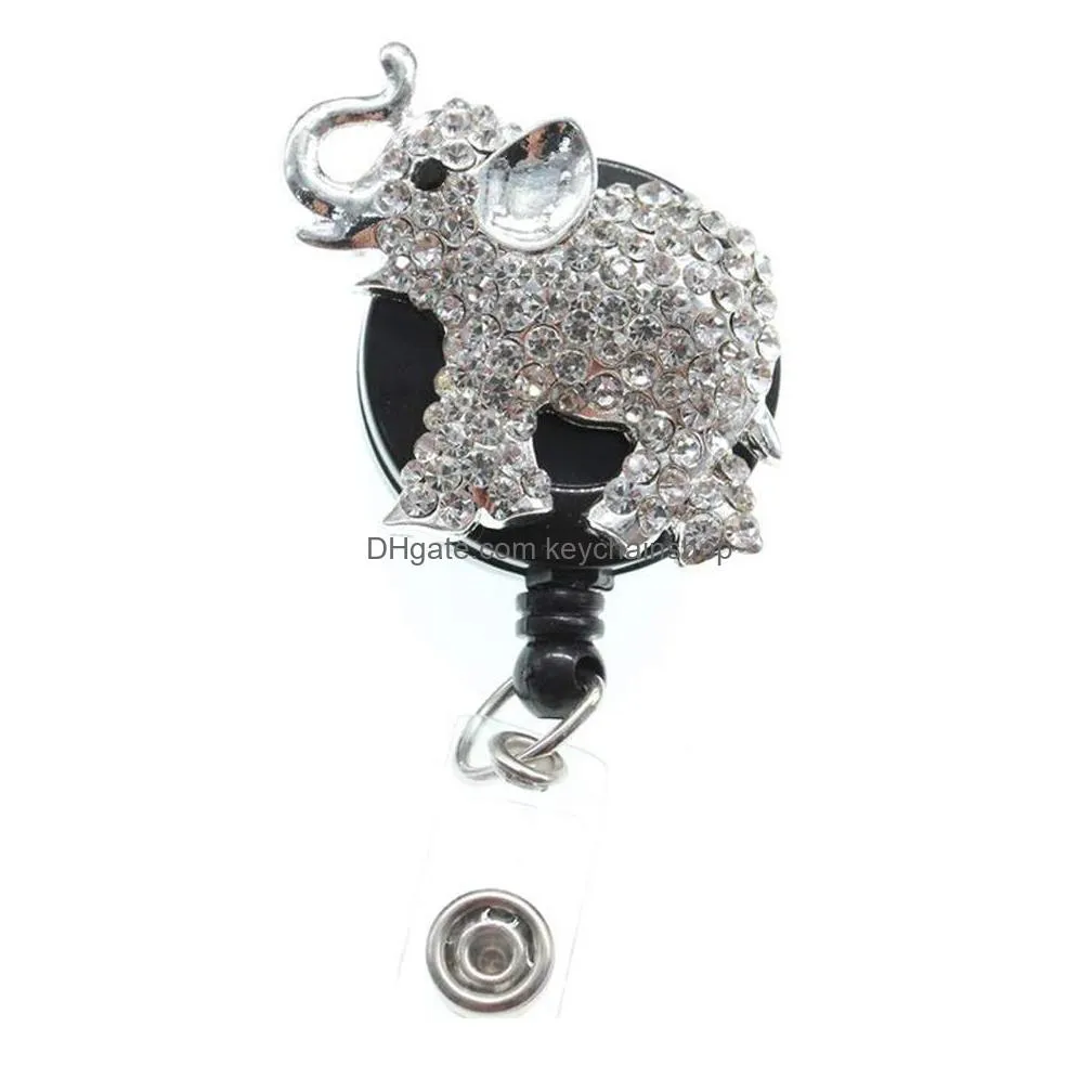 wholesale key rings mix lovely kids silver multicolour rhinestone elephant aniaml retractable id badge reel holder for nurse