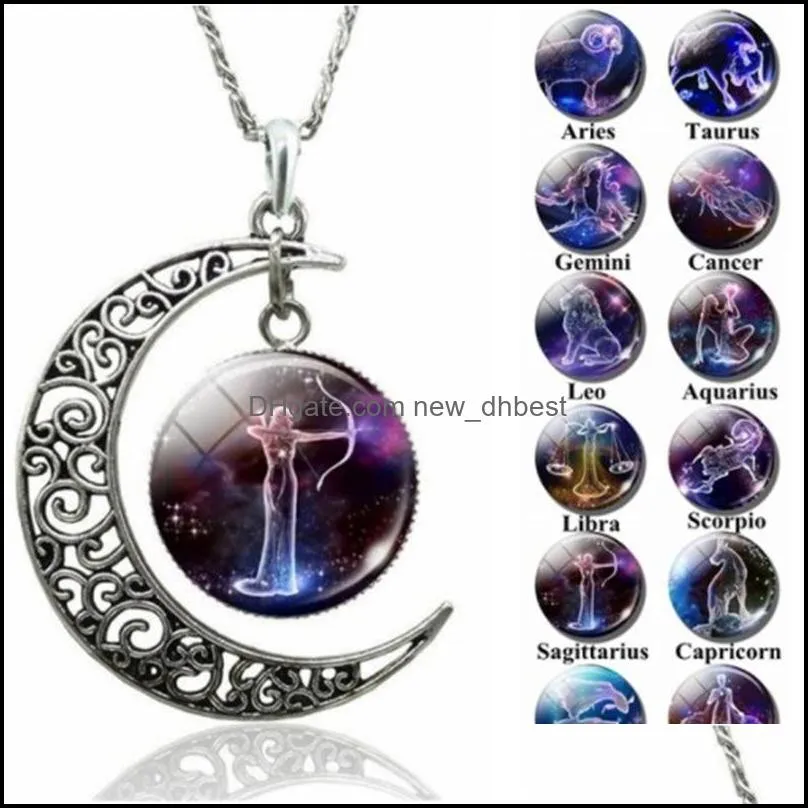 12 zodiac pendant necklaces hollow moon cabochons glass moonstone constellation starry sky charm chokers for women s fashion jewelry