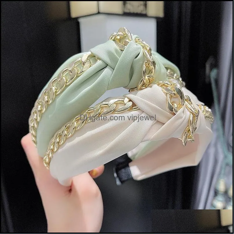 fashion women hairband with gold chain wide side headband soft turban casual hair accessories