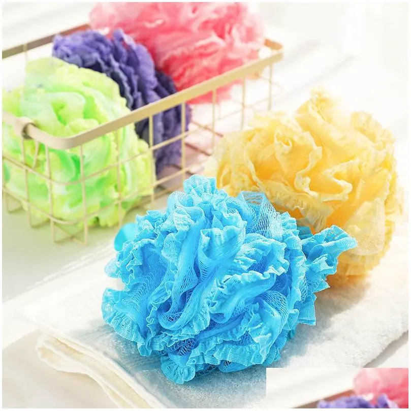 high quality lace mesh pouf sponge bathing spa handle body shower scrubber ball colorful bath brushes sponges