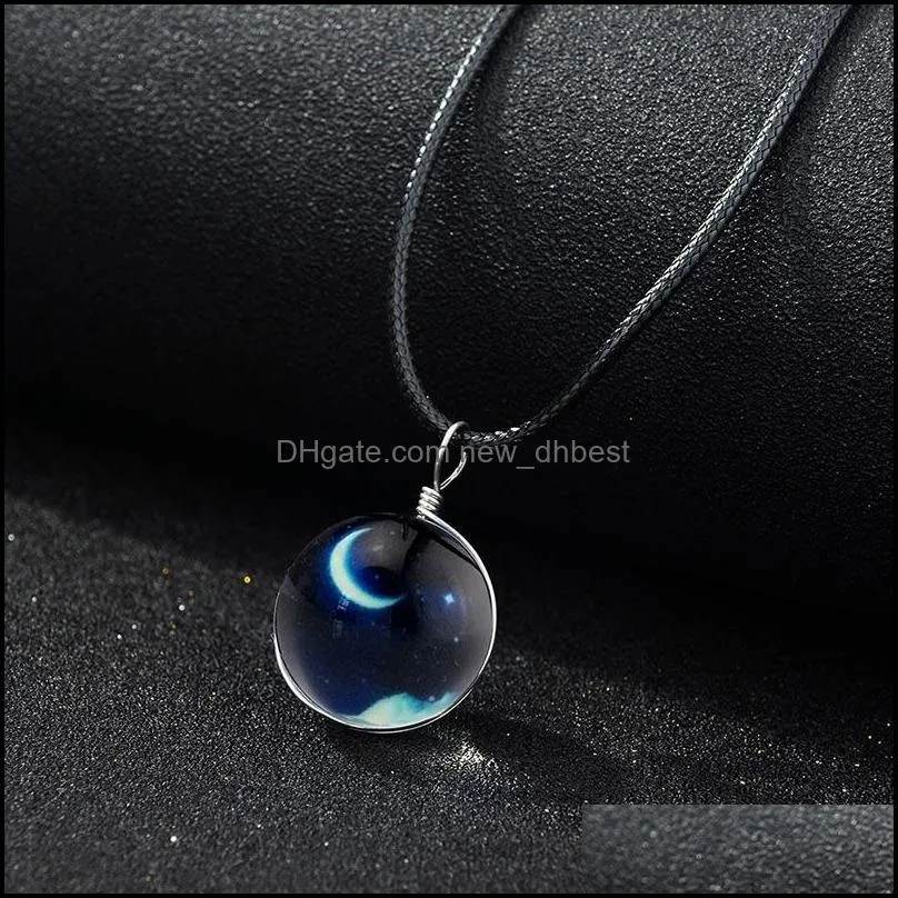  glow in the dark galaxy universe necklaces luminous glass cabochon star moon pendant black wax rope chain for women men fashion