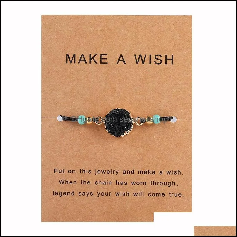 handmade druzy resin stone bracelet make a wish card wax rope braided bracelets bangles with rice bead for women girls summer beach