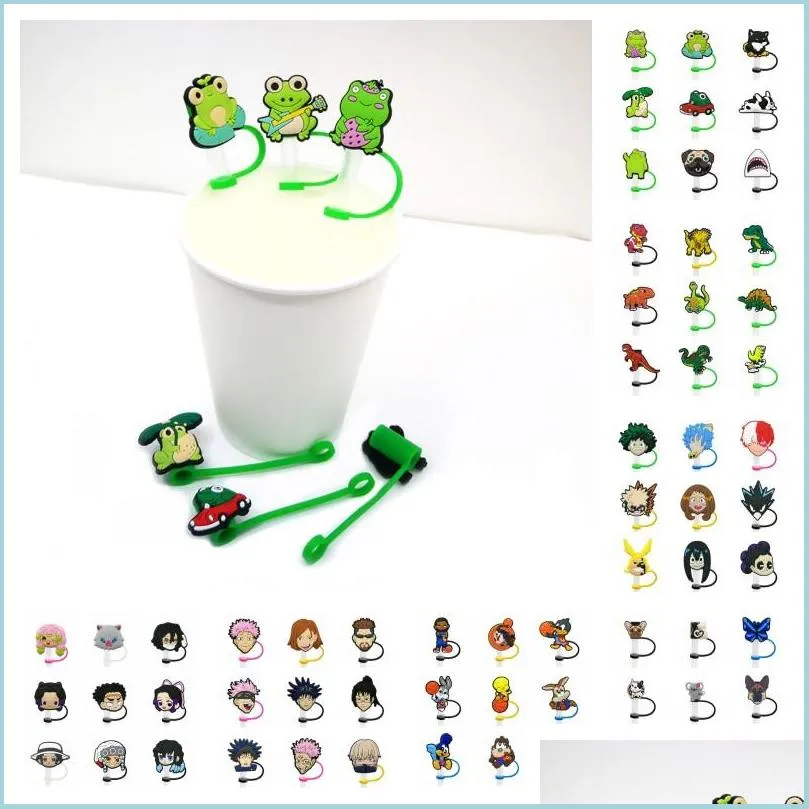 9pcs/set anime cartoon silicone tumbler straw toppers designer cover molds charms reusable splash proof drinking dust plug decorative 8mm