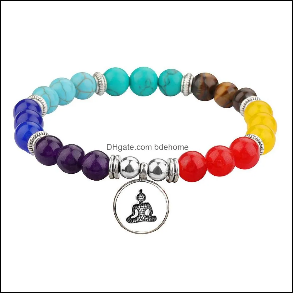 7 chakra stone beaded bracelets om pendant stretch strand bracelet for men women yoga charm jewelry