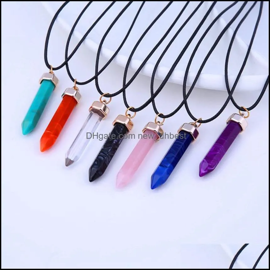 fashion bullet shape natural stone pendant necklaces hexagonal prism quartz turquoise crystal gems jewelry for women men gold/silver