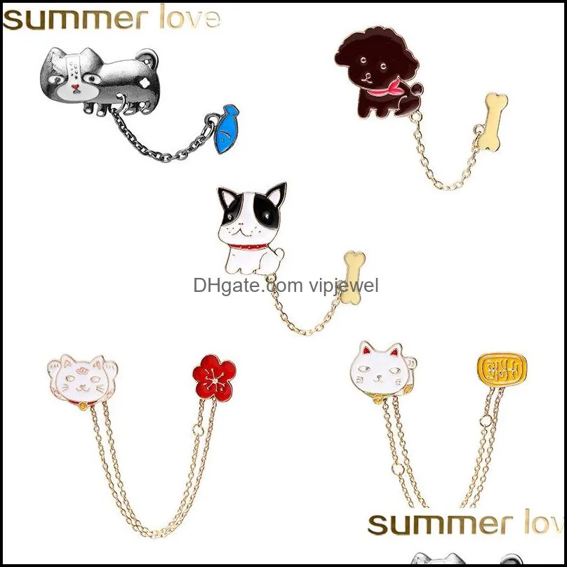  design cute animal enamel pins 5 styles cartton cat fish dog bone with chain brooches for kids women badges clothes wholesale