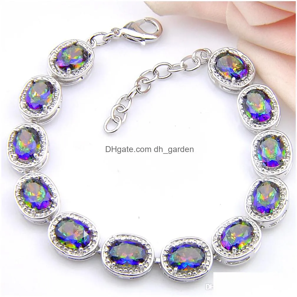 5 pcs lot retro rainbow natural mystic topaz gem luckyshine 925 silver for women wedding gift zircon bracelet 8 inch