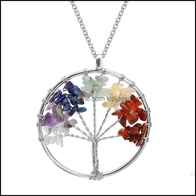 tree of life quartz pendant necklace rainbow 7 chakra multicolor natural stone wisdom tree leather chain necklace for girls