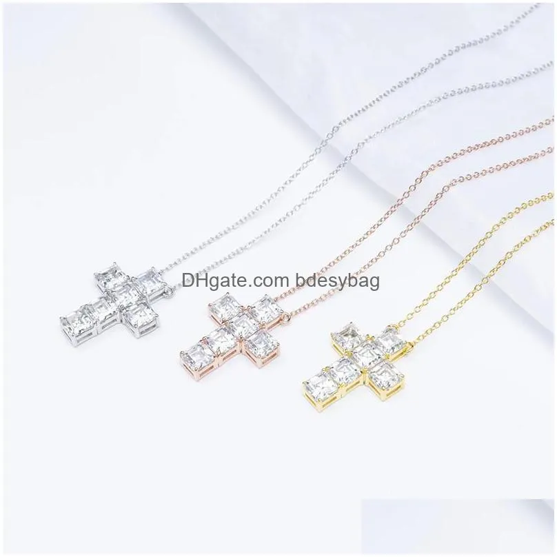 pendant necklaces trendy 925 sterling silver 5mm d color vvs1 asscher moissanite cross necklace for women jewelry plated white gold
