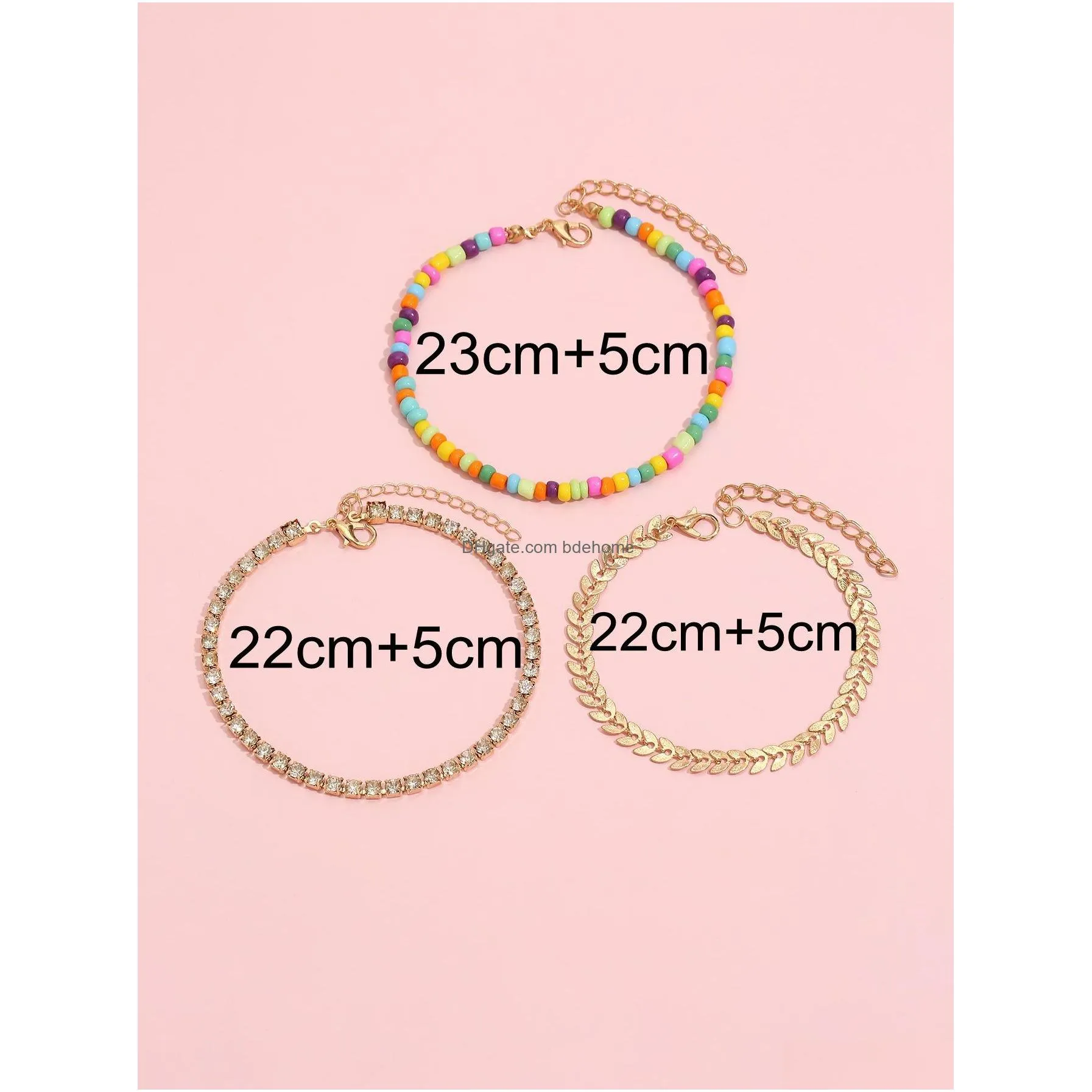 fashion jewelry vintage colorful beaded chain metal anklet set for woman rhinestone beads beach anklet 3pcs/set
