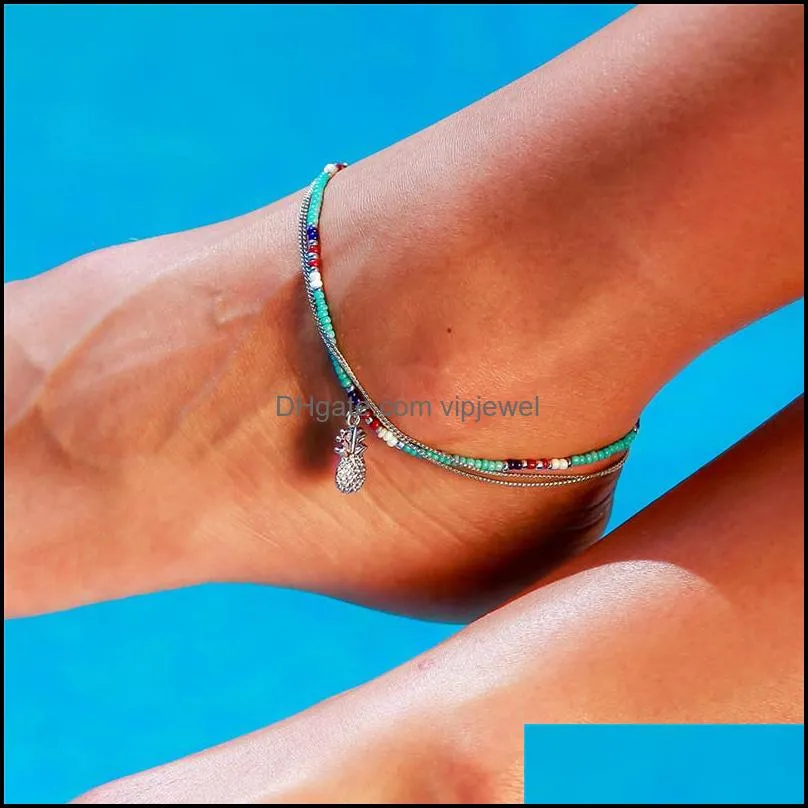 summer blue beads pineapple anklets for women female barefoot sandals foot jewelry multilayer ankle bracelets for women leg chain