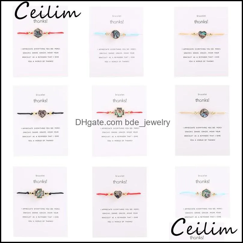 abalone shell heart round cross hexag charm bracelet handmade braided rope friendship bracelet with card for women fashion designer