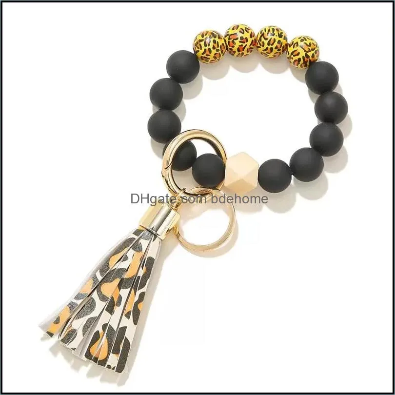 black frosted wooden bead bracelet keychain fashion pattern tassel pendant bracelets women girl keyring wrist strap c3