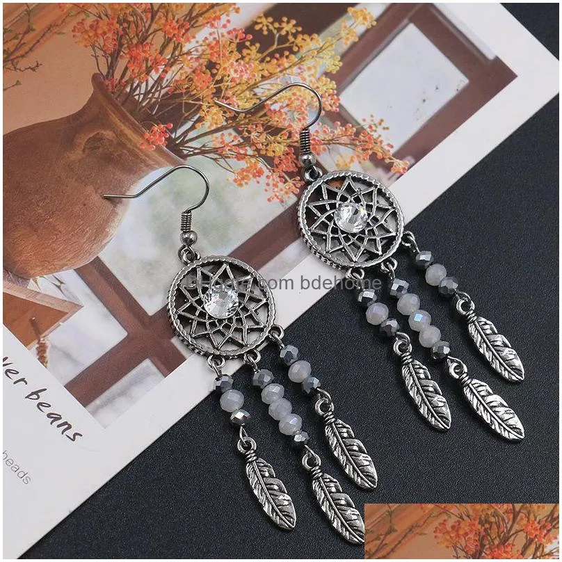 bohemian fashion jewelry womens vintage earrings dreamcatcher beads feathers tassels dangle earrings