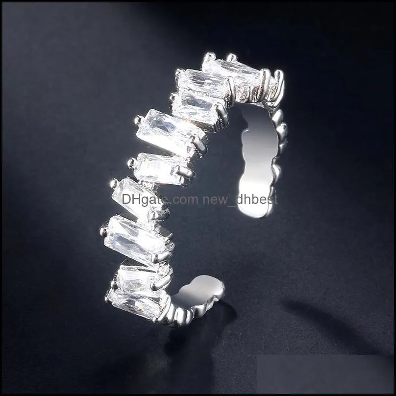 adjustable irregular square rainbow rings fashion zircon cz wedding ring silver unique open cuff women finger rings dancing party