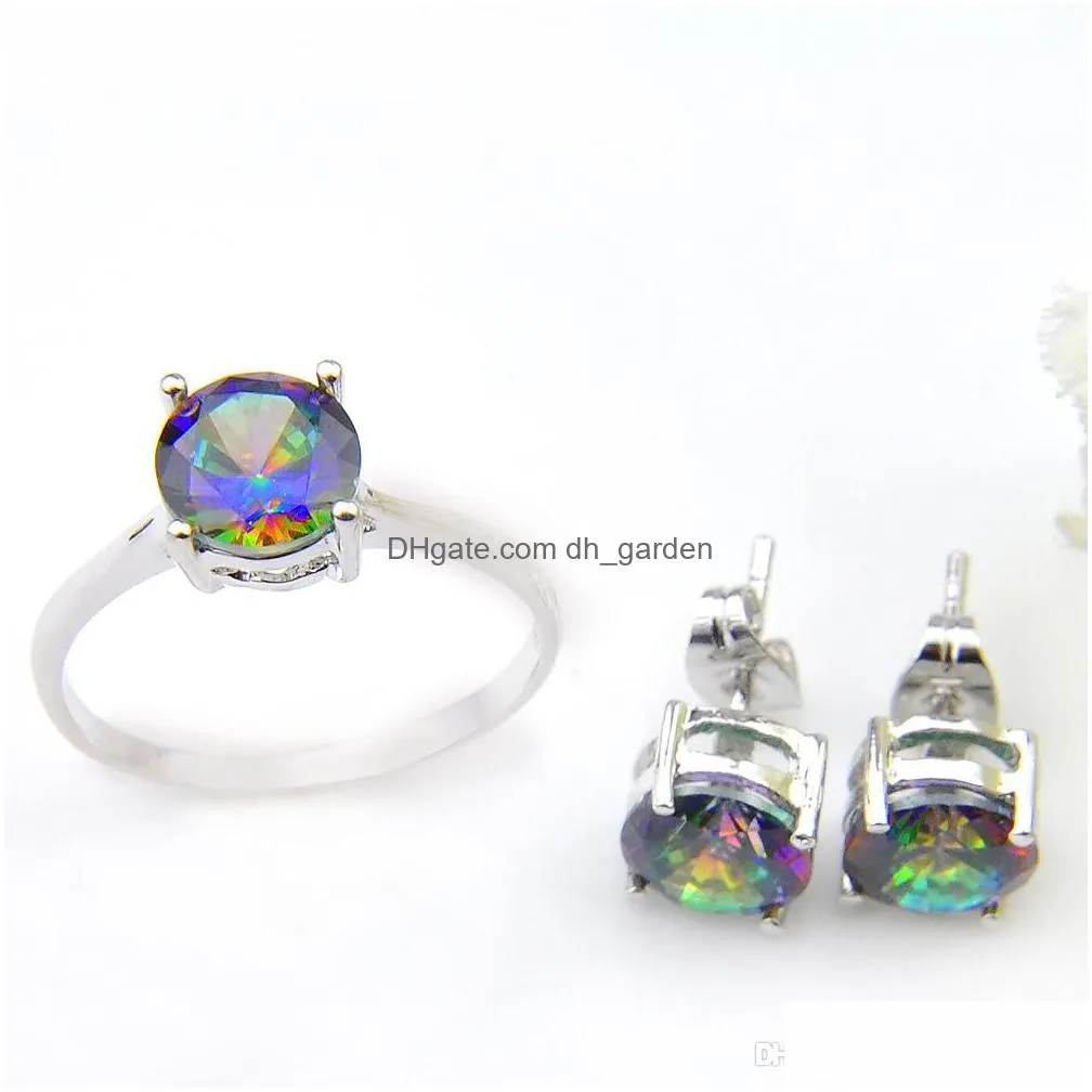 luckyshine holiday jewelry gift classic rainbow mystic topaz gems 925 sterling silver ring stud earrings women jewelry set 
