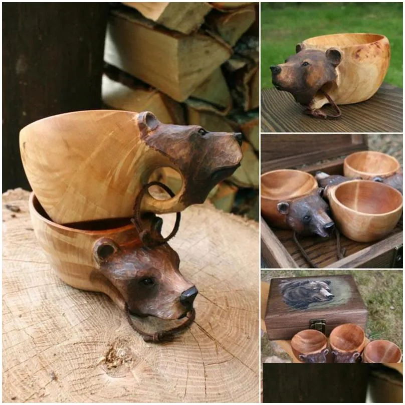 mugs kuksa hand carved wooden mug guksi animals head image cup animal shape portable camping drinking