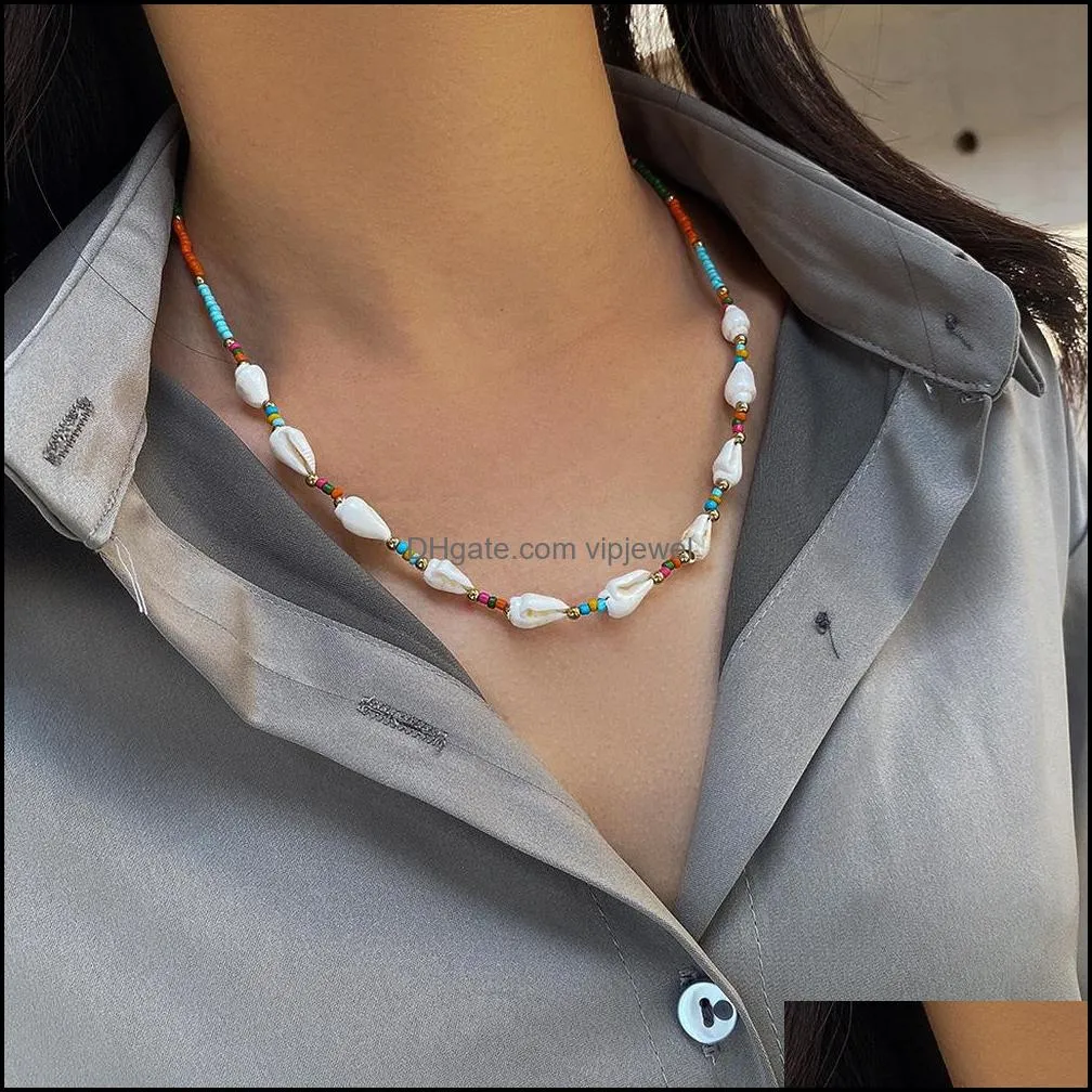 colorful rice beads necklace bohemia summer beach seashell choker necklaces for women