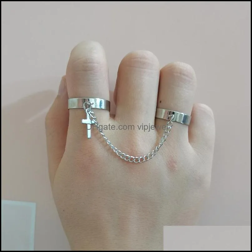 retro punk hip hop cross ring finger chain adjustable two link rings jewelry gift mens women gothic jewelry