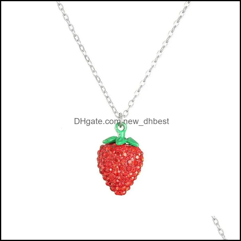 fashion high quality lovely strawberry pendant necklace crystal stone sterling silver chain necklaces for women girls jewelry
