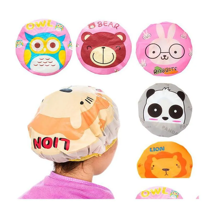 cartoon animal baby shower cap kids hair cap pvc reusable hair bonnet sauna bathroom products waterproof shower cap for women