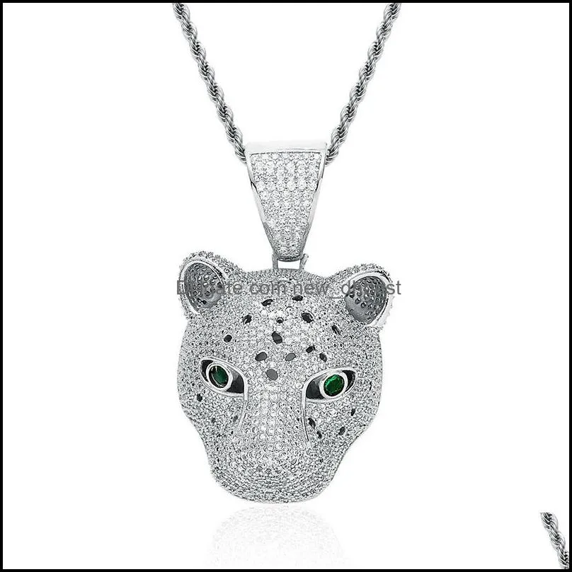 iced out green eye leopard head necklace for women bling cz zirconia animal pendant gold silver chains women hip hop rapper jewelry