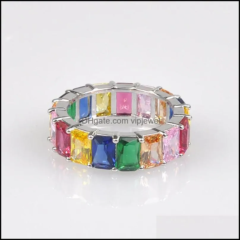 gold filled rainbow rings fashion jewelry rainbow square baguette cz engagement ring for women colorful cubic zirconia cz eternity band