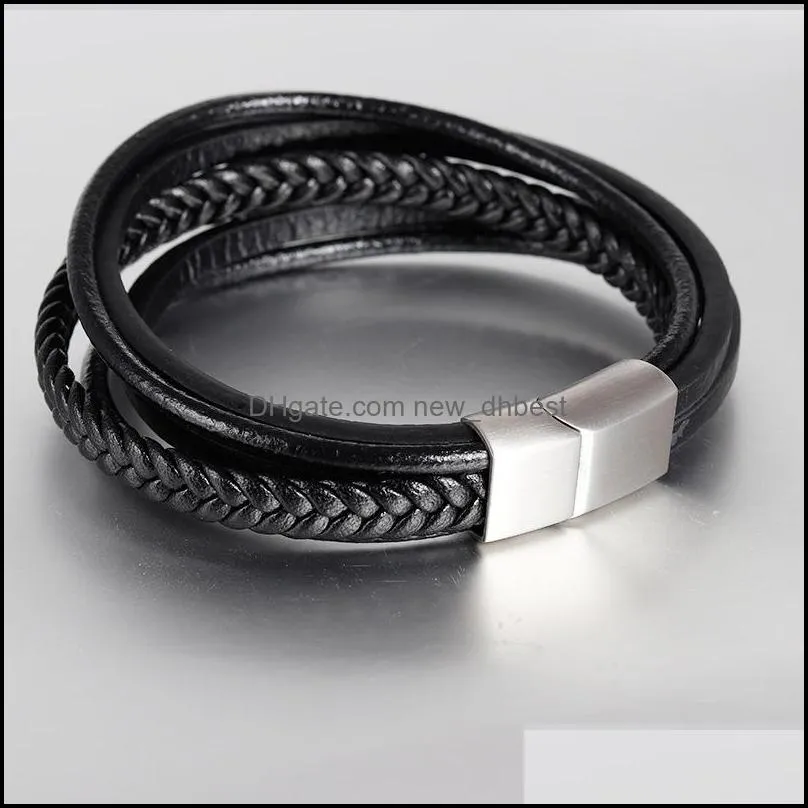 2019 classic genuine leather bracelet for men multilayer black brown woven rope wristband stainless steel clasp boys cool jewelry bulk