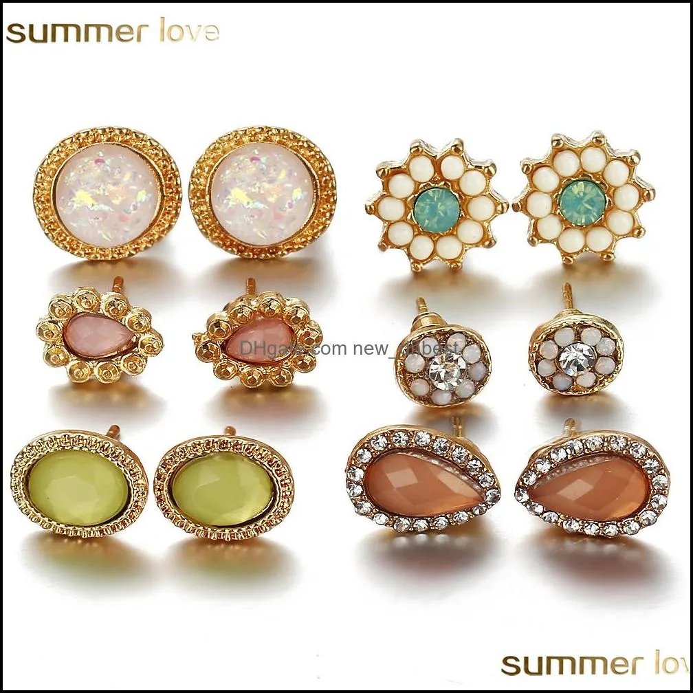6 pairs/ set rhinestone stone round stud earring set for women opal water drop ear set fashion jewelry simple jewelry girl gifts