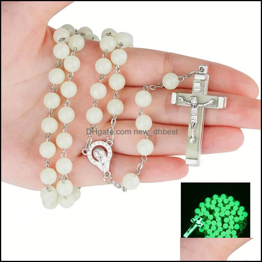 glow in the dark cross rosary necklace for women luminous catholic beads religious jesus crucifix pendant necklace jewelry