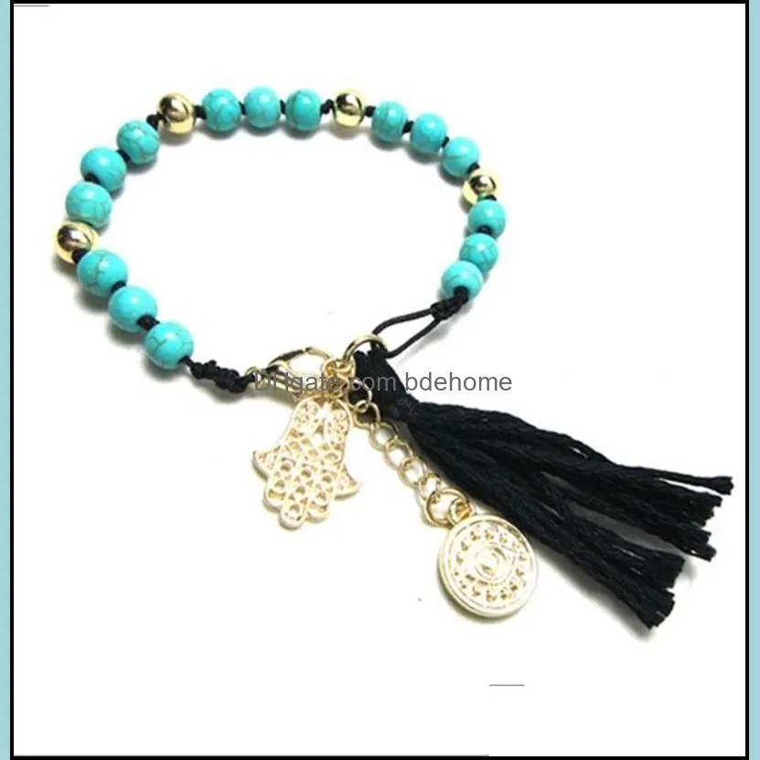 turquoise braided rope chain tassel hand palm pendant bracelet for women fashion natural stone beads bracelets 3583 q2