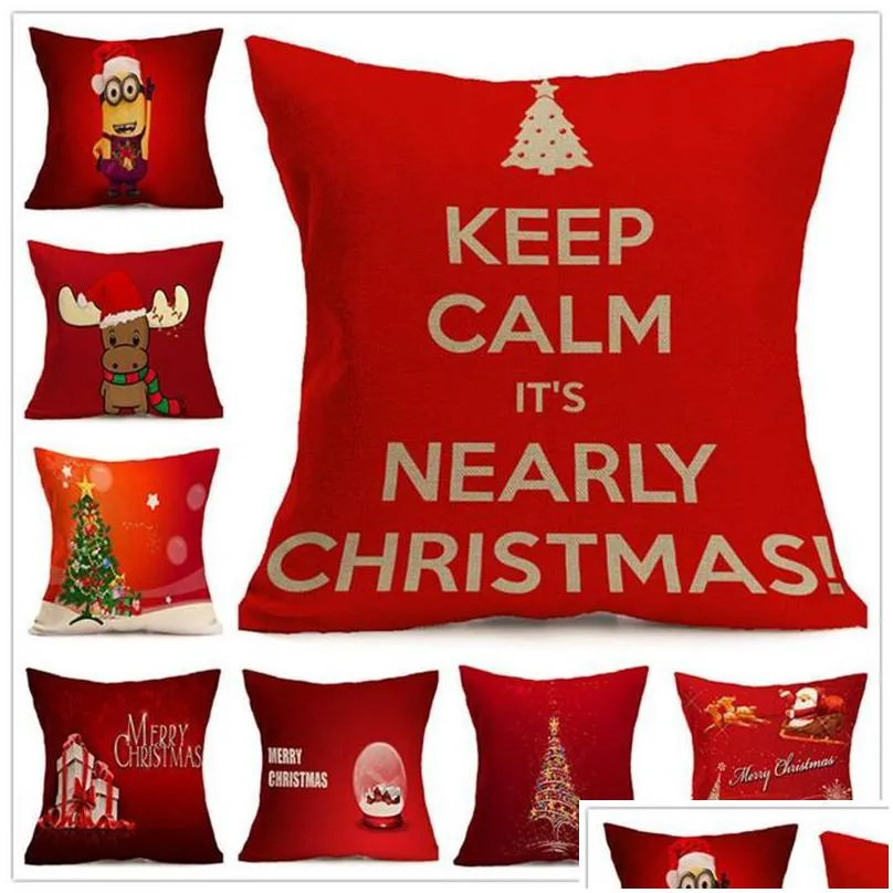 45x45cm holiday christmas red pillow cases elk reindeer santa claus decorative pillow case letter printed linen throw pillow case