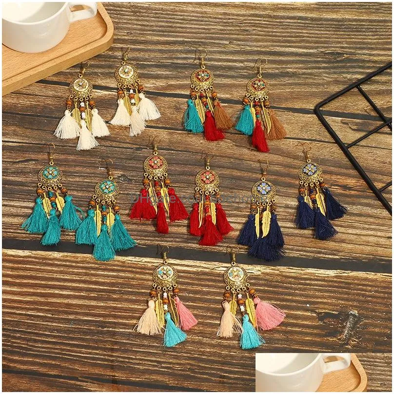 bohemian fashion jewelry vintage tassels earrings colorful flower metal feather dangle earrings